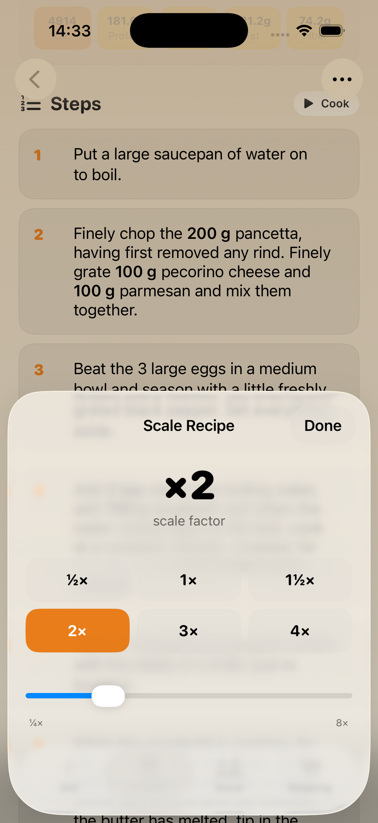Roux recipe scaling sheet showing 2× scale factor with updated quantities