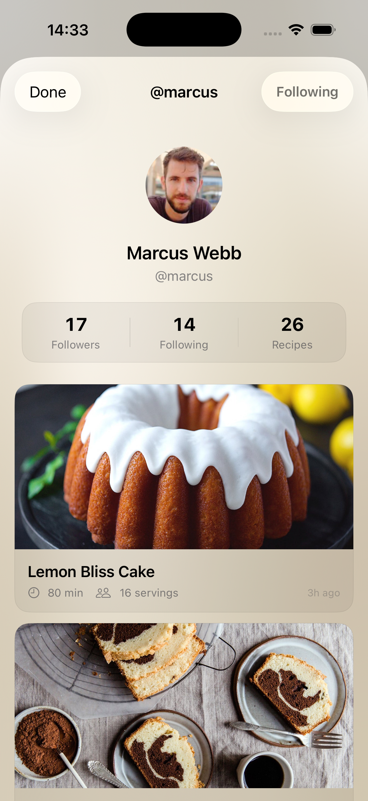 Roux social profile showing a friend's collection with followers, following and recipe grid